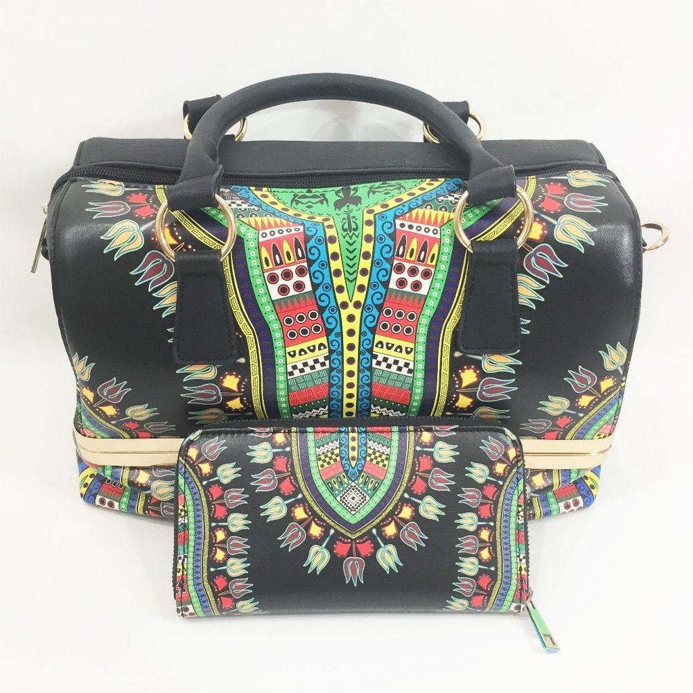 Cowgirl Trendy Multi-Colored Dashiki Ethnic Print Train Case and Wallet Set